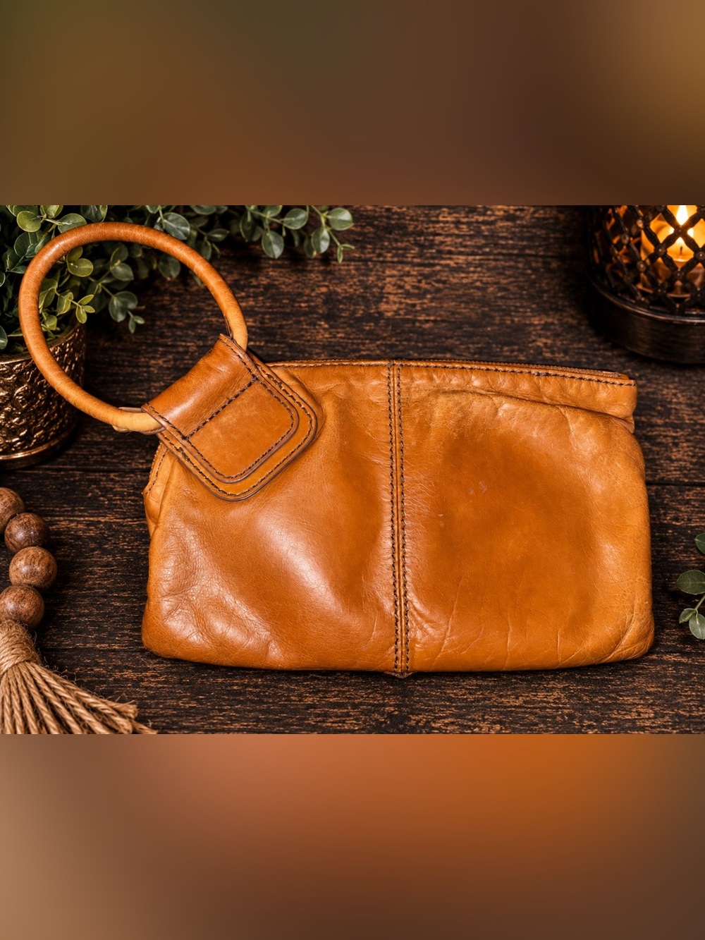 HOBO International Cognac Leather Ring Wristlet Clutch
